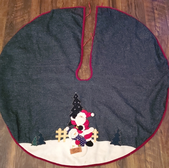 Santa Snowman Christmas Tree Skirt Green Sparkly Prima Creations 43" Primitive - Picture 2 of 8